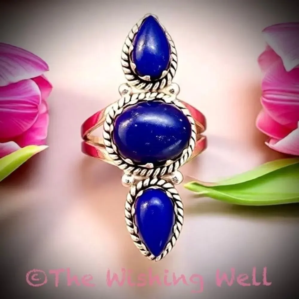 Artisan Crafted Lapis Lazuli Pyrite Sparkle Sterling Three Stone Ring Size 7